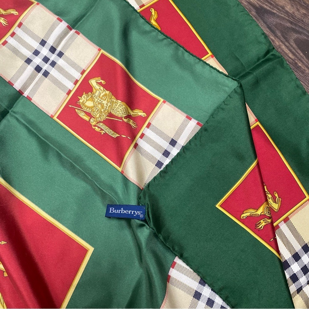 Vintage Burberrys London Silk Scarf Green Red Equestrian Prorsum Knight Logo - Picture 8 of 11
